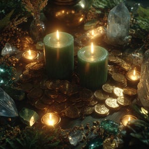 May include: Two lit green pillar candles surrounded by gold coins, small candles, crystals, and foliage. The candles are central, illuminating the scene. The arrangement suggests a mystical or decorative theme, with a warm, inviting glow.