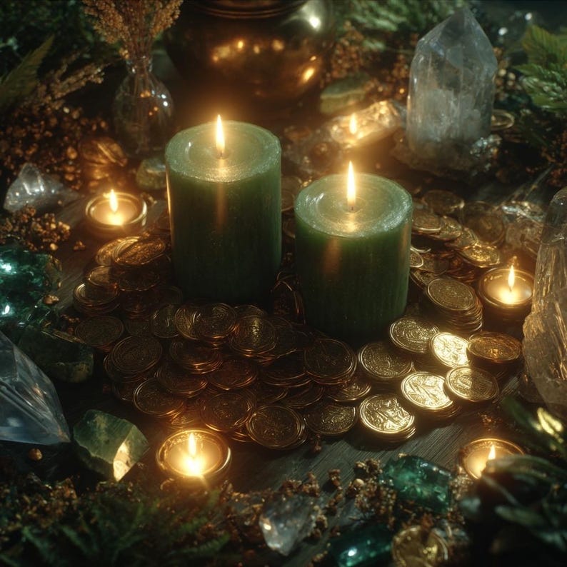 May include: Two lit green pillar candles surrounded by gold coins, small candles, crystals, and foliage. The candles are central, illuminating the scene. The arrangement suggests a mystical or decorative theme, with a warm, inviting glow.