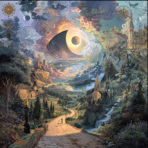 May include: A vibrant, surreal landscape painting featuring a winding path leading towards a central portal. The artwork showcases castles, a lake, and a celestial body within a swirling vortex, all under a dramatic sky. The color palette includes warm earth tones and cool blues.