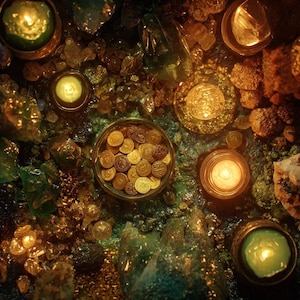 May include: Overhead view of a treasure scene featuring gold coins in a small bowl, surrounded by glowing candles and scattered green and brown gemstones. The scene has a warm, inviting glow.