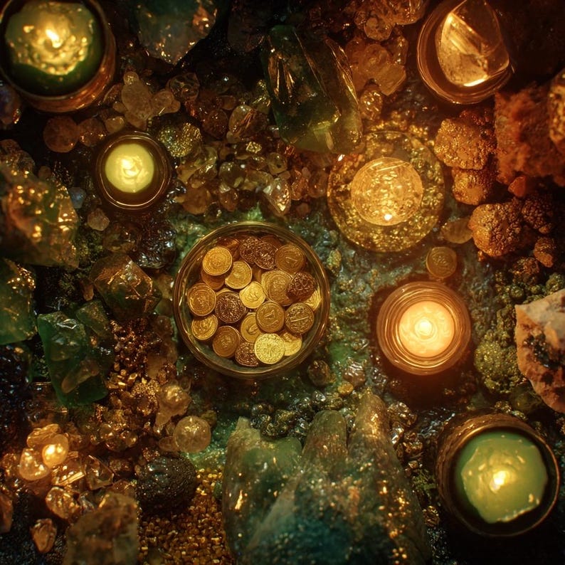 May include: Overhead view of a treasure scene featuring gold coins in a small bowl, surrounded by glowing candles and scattered green and brown gemstones. The scene has a warm, inviting glow.