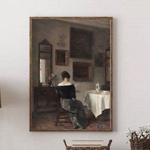 Vintage Gemälde einer lesenden Frau, Frau beim Lesen druckbare, Innenszenenmalerei, antike Wandkunst, Landhausdekor, Bauernhaus