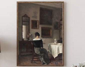 Vintage Gemälde einer lesenden Frau, Frau beim Lesen druckbare, Innenszenenmalerei, antike Wandkunst, Landhausdekor, Bauernhaus