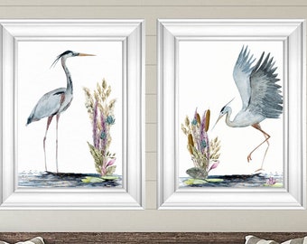Great Blue Heron akwarelowe wydruki artystyczne, zestaw 2 czapli, wystrój nadmorski, sztuka ścienna tropikalna, dom na plaży, zestaw wydruków ptaków morskich, sztuka morska