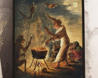 May include: A painting depicting a witch stirring a cauldron with a long wooden spoon. The cauldron is over a fire and there are other figures around the witch, including a monkey and a bat flying overhead. The scene is set at night with a full moon in the sky.