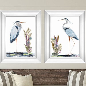 Great Blue Heron Watercolor Art Prints, Set of 2 Heron Birds, Coastal Decor, Tropical Wall Art, Beach House, Seabird Print Set, Nautical Art