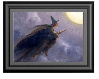 May include: A painting of a witch flying on a broomstick in front of a full moon. The witch is wearing a long black robe and a pointed hat. The moon is bright and yellow, and the sky is a dark purple.