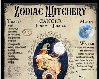 May include: A vintage style illustration of a witch with a crescent moon and stars in the background. The illustration is surrounded by text that describes the traits, lucky numbers, colors, gemstones, and birth sign of a Cancer zodiac sign. The text reads "Zodiac Witchery, Cancer, June 21 - July 22, Moon, Water, Birth Gemstones, Ruby, Sapphire, Moon Stone, Emerald, Pearl, Carnelian, Lucky Numbers: 2, 7 and 9, Lucky Days: Sunday, Monday, Lucky Color: White, cream, red and yellow, Lucky Gemstone: Pearl, It symbolizes purity, wisdom, wealth and integrity, Compatible Zodiac Signs: Taurus, Virgo, Scorpio, Pisces, Incompatible Zodiac Signs: Aries, Gemini, Libra, Leo, Sagittarius, and Aquarius, Birth Sign Flower: Delphinium".