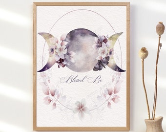 Triple Moon Watercolor, Blessed Be, Triple Goddess Instant Download, Wicca, Pagan, Full Moon, Crescent Moon, Witchcraft Altar