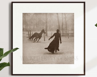 May include: Sepia-toned print of a horse running in a snowy field, with a person in a long coat. The image is framed in a dark brown border. The text "WICKED PRINT DESIGNS" is visible at the bottom.