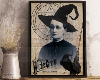 Witch Art, Witch Print, Vintage Witch Photo, Witches Carnival Halloween printable, Wiccan Witch, Halloween Decor, Paper Crafts, Junk Journal