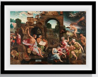 May include: A painting depicting a scene of chaos and destruction. A group of people are gathered around a ruined building, while a winged figure flies overhead. The painting is filled with vibrant colors and intricate details.