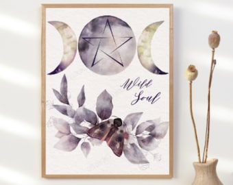 Triple Moon Watercolor, Wild Soul, Pentagram Triple Goddess Instant Download, Wicca, Pagan, Full Moon, Crescent Moon, Witchcraft Altar