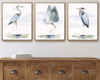 Great Blue Heron Watercolor Art Prints, Set of 3 Heron Birds, Coastal Decor, Tropical Wall Art, Beach House, Seabird Print Set, Nautical