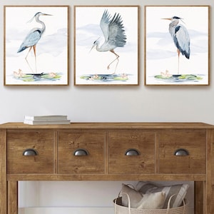 Great Blue Heron Watercolor Art Prints, Set of 3 Heron Birds, Coastal Decor, Tropical Wall Art, Beach House, Seabird Print Set, Nautical