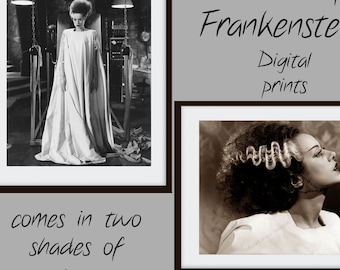 May include: Two black and white digital prints of the Bride of Frankenstein. The first image shows the Bride standing in a lab setting. The second image shows the Bride's face in profile. The text "Bride of Frankenstein" and "Digital prints" is written in black text on a gray background.