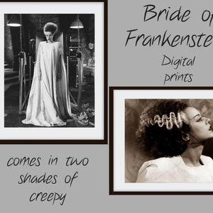Vintage Bride of Frankenstein double photo digital set, Frankenstein&#39;s Bride, spooky creepy horror, fun Halloween Frankenstein Décor prints