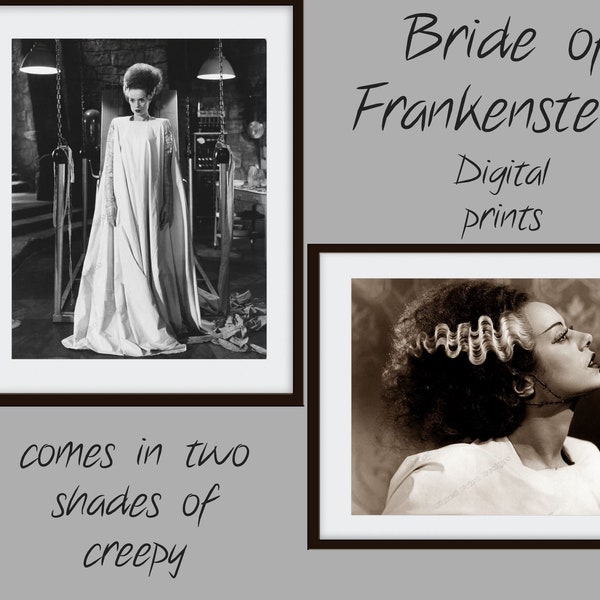 Vintage Bride of Frankenstein double photo digital set, Frankenstein's Bride, spooky creepy horror, fun Halloween Frankenstein Décor prints