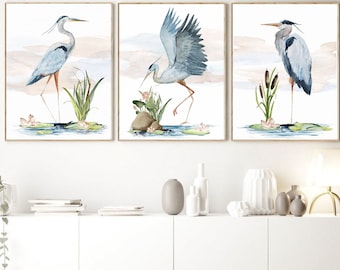 Great Blue Heron Watercolor Art Prints, Set of 3 Heron Birds, Coastal Decor, Tropical Wall Art, Beach House, Seabird Print Set, Nautical