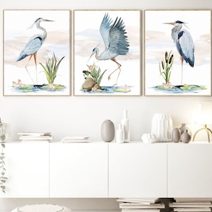Great Blue Heron Watercolor Art Prints, Set of 3 Heron Birds, Coastal Decor, Tropical Wall Art, Beach House, Seabird Print Set, Nautical