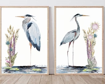 Great Blue Heron akwarelowe wydruki artystyczne, zestaw 2 czapli, wystrój nadmorski, sztuka ścienna tropikalna, dom na plaży, zestaw wydruków ptaków morskich, sztuka morska