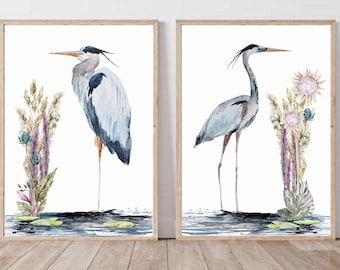 Great Blue Heron Watercolor Art Prints, Set of 2 Heron Birds, Coastal Decor, Tropical Wall Art, Beach House, Seabird Print Set, Nautical Art