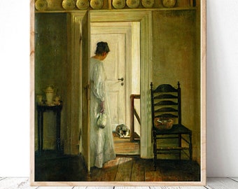 May include: A painting of a woman in a white dress standing in a doorway, looking at a cat sitting on the floor. The room is decorated with plates on the wall and a chair in the corner.