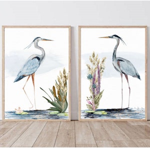 Great Blue Heron Watercolor Art Prints, Set of 2 Heron Birds, Coastal Decor, Tropical Wall Art, Beach House, Seabird Print Set, Nautical Art image 1