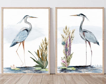 Great Blue Heron akwarelowe wydruki artystyczne, zestaw 2 czapli, wystrój nadmorski, sztuka ścienna tropikalna, dom na plaży, zestaw wydruków ptaków morskich, sztuka morska