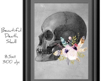 Beautiful Death Skull, Floral Skull Print, Gothic Skull Drawing, Skull with flowers, Altered 1849 Sketch, Skull Poster Instant download