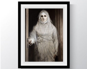 Female Ghost With Skeleton Keys, The White Lady, Medieval Haunting, Oil painting Gothic Printable Art, Phenomena Art, Instant download