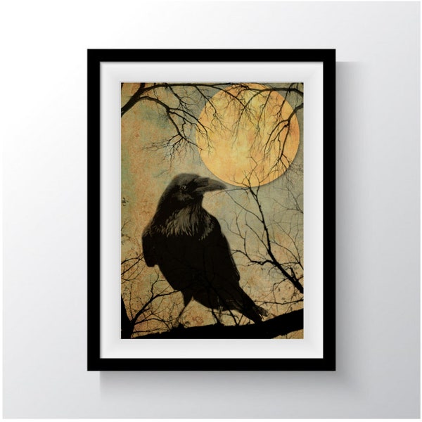 Raven, Crow  Printable, Wall Art, Gothic Decor, Halloween Spooky, Witchcraft, Harvest Moon, Black Bird Printable, Instant Digital Download