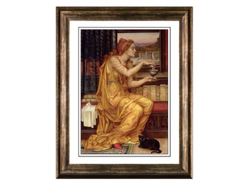 May include: A woman in a yellow robe sits by a window, holding a goblet and looking out at a distant landscape. A black cat sits on the floor beside her.
