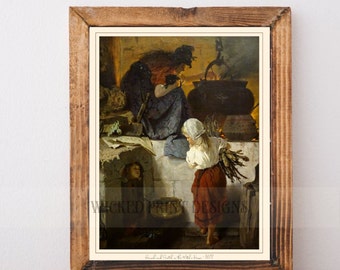 May include: A vintage illustration of a witch stirring a cauldron with a black cat perched on her shoulder. A young girl stands nearby, holding a bundle of sticks. The text "Hand und Geist in der Hexen-Hütte - 1877" is printed below the image.