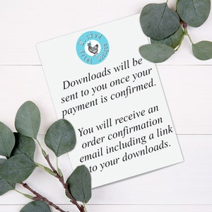 Pu&ograve; includere: Un biglietto bianco con testo blu che recita "I download ti saranno inviati una volta che il tuo pagamento sar&agrave; confermato. Riceverai un'e-mail di conferma dell'ordine che include un link ai tuoi download." Un cerchio blu con un'illustrazione di pollo bianco e il testo "Wicked Pilot Designs" si trova nell'angolo in alto a sinistra del biglietto.