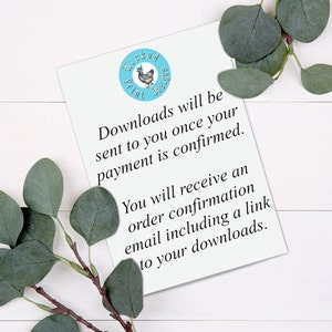 May include: A white card with blue text that reads "Downloads will be sent to you once your payment is confirmed. You will receive an order confirmation email including a link to your downloads."  The card also has a blue circle with a white chicken illustration and the text "Wicked Plot Designs".