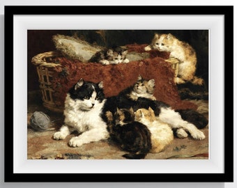 Vintage cat painting. Basket of Kittens. Antique oil painting. Victorian painting. Cat Printable Art. Animal print. Cat Art. Cat Lovers Gift