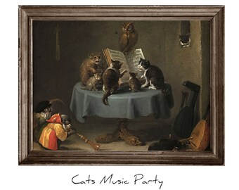May include: A painting of a group of cats playing music. The cats are sitting around a table with a book on it. There is an owl perched on top of the book. The cats are playing various instruments, including a violin, a flute, and a drum. The painting is set in a room with a dark background.