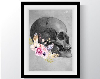 Gothic Skull Art, Floral Death Skull,  Vintage Skull Drawing, Altered Spooky Art, Skull Poster, Instant download