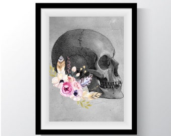 May include: A black and white anatomical drawing of a human skull with pink, white, and purple watercolor flowers and feathers.