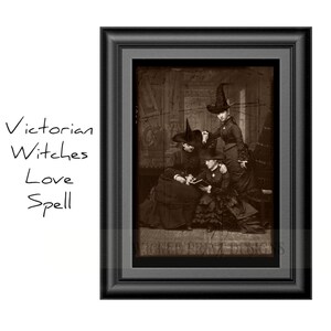 May include: A vintage sepia-toned photograph of three women dressed in Victorian-era clothing, wearing witch hats and holding a book. The women are sitting in a room with ornate wallpaper and a dark wooden floor. The image is framed in a black frame.