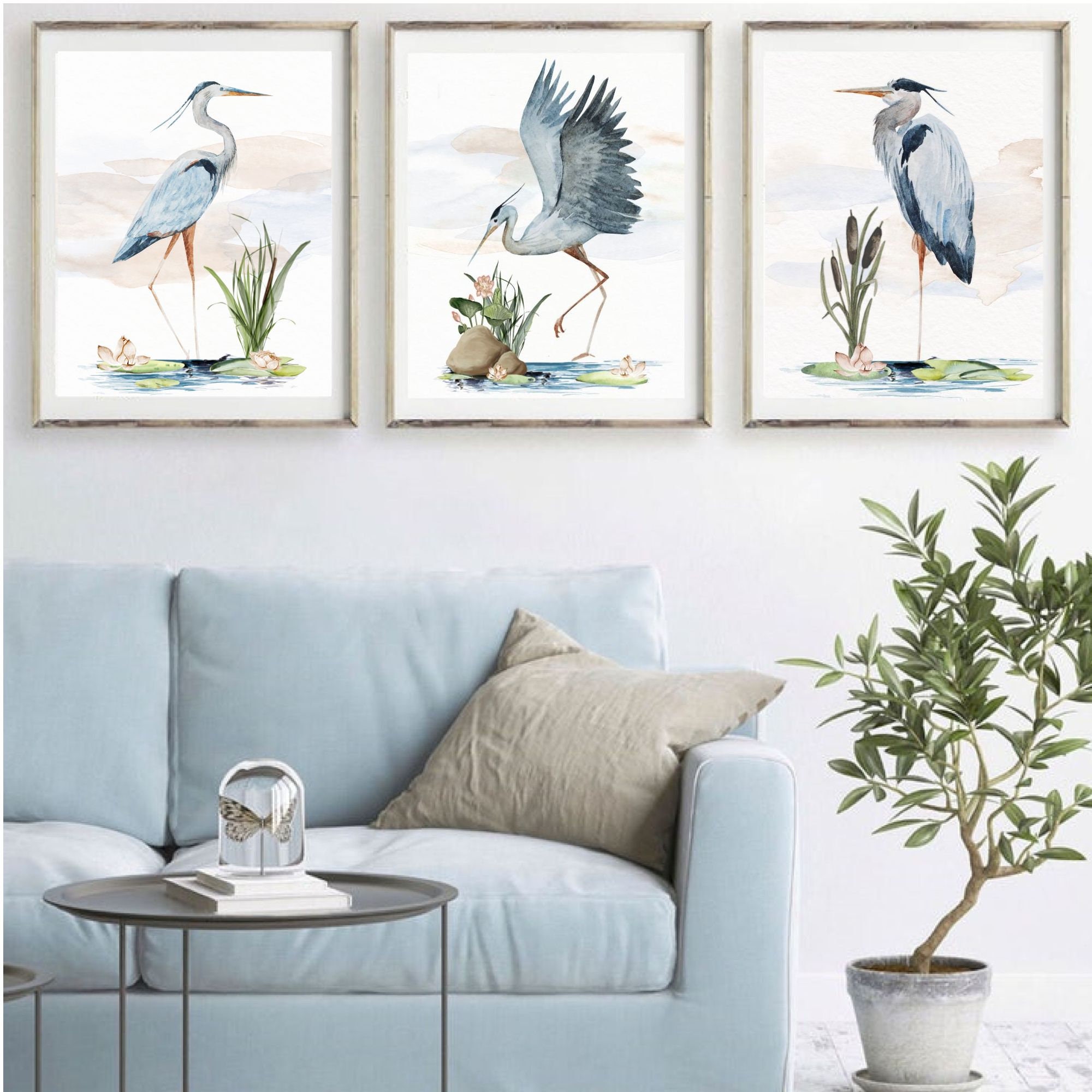 Großer Blauer Reiher Aquarell Kunstdrucke 3er Set Reiher | Etsy