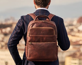 Brown Leather Office Backpack, Retro Vintage Business Trip Work Backpack Rucksack Bag Mens, Elegant Leather College Backpack Gift for Him