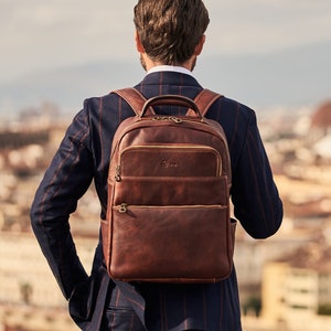 Brown Leather Office Backpack, Retro Vintage Business Trip Work Backpack Rucksack Bag Mens, Elegant Leather College Backpack Gift for Him image 1