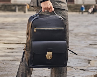 Black Italian Leather Backpack Bag for 