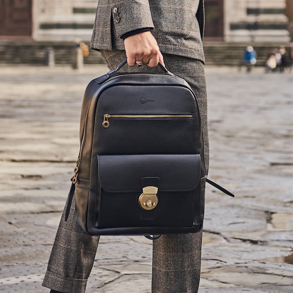 Black Italian Leather Backpack Bag for Men, Premium Luxury Business Macbook Work Bag Mens, Mens Classic Square Elegant Leather Rucksack