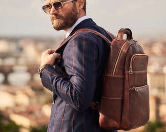 Cognac Brown Leather Bag Pack, Carry On Bag, Bookbag Briefcase, Leather Travel Bag, Leather Backpack For Men,  Laptop Holder