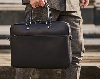 Black MacBook Pro Holder, Leather Briefcase, Laptop Bags With Strap, Leather Carry On Bag, Leather Travel Bag