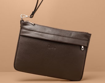 Handbag Organizer - Dollaro Leather Clutch  Bag  For  Men /  Detachable  Wrist  Strap  |  Elegant Man Purse For Books, Wallet & Journal