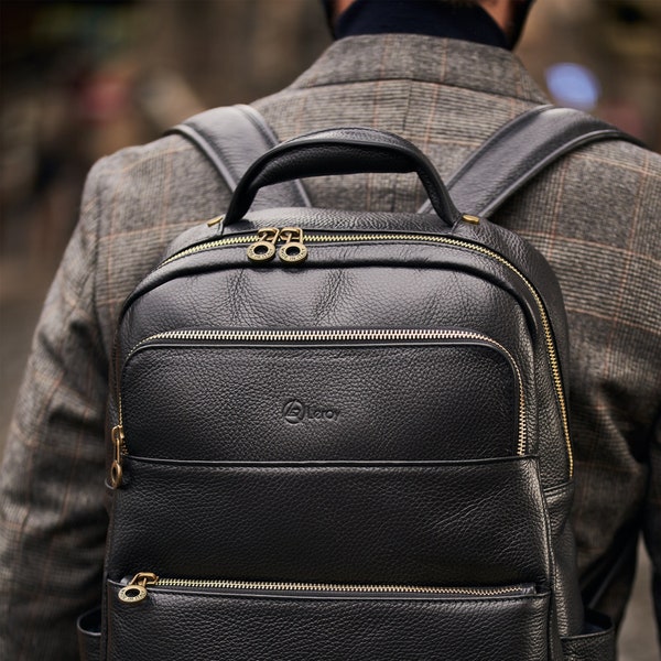 Mens Black Leather Designer Backpack Carry On Travel College Laptop Leather Bag Backpack Rucksack for Men Groomsmen Best Men Gift